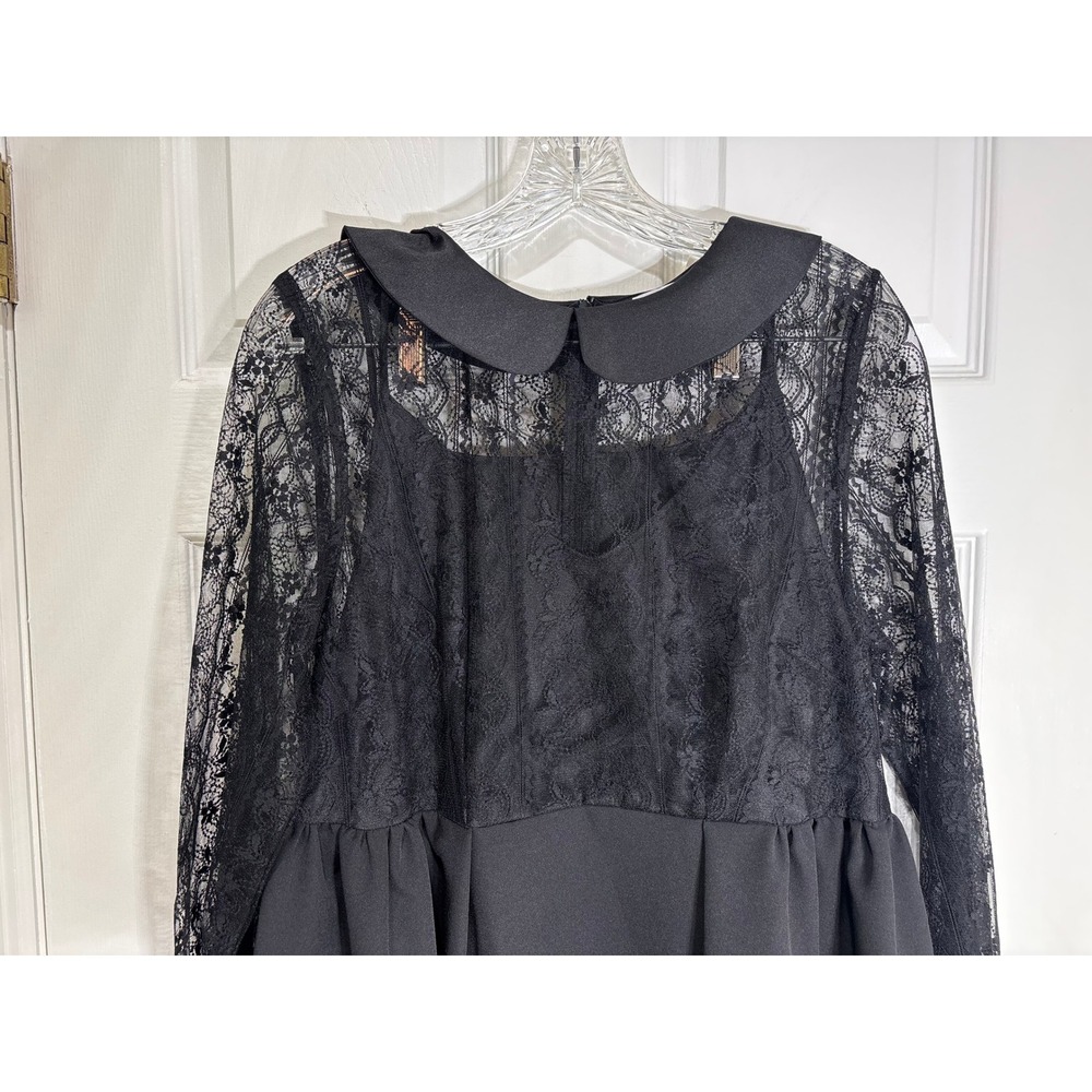 CO-TE Black Lace Dress Peter Pan Collar Ruffles Pockets Made In Italy, Size 46 - Picture 8 of 12